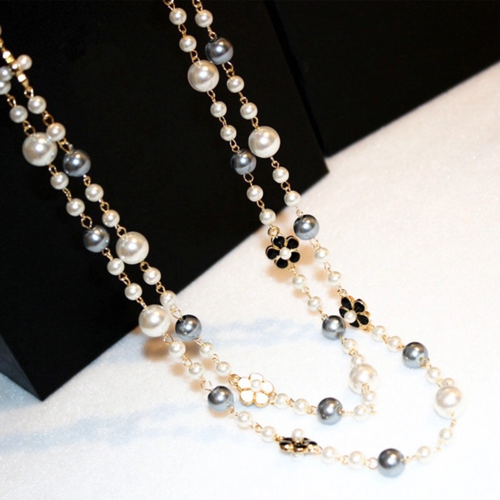 Designer inspired long pearl necklace